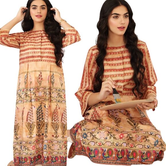 Handcrafted embroidered printed garden tunic kurti kurta midi dress size S/M - Picture 2 of 11